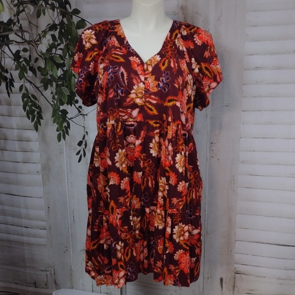 Old Navy Burgundy Floral V-Neck Tiered Mini Dress with Orange Accents XXL